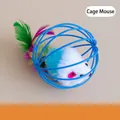Interactive plush mouse in blue wire cage cat toy with colorful feathers for kittens - Caged Mouse Toy / Approx 6cm