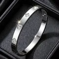 Silver stainless steel bangle with butterfly diamond inlay and clasp closure - Clover Style (48-A-1)