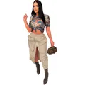 Full view of sexy camo graphic t-shirt and khaki multi-pocket utility long cargo skirt - M / Bottoms / Khaki