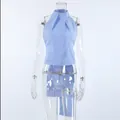 Détail d'un haut licou sexy à rayures bleues et blanches avec des ornements en strass brillants - S / Hauts / Bleu