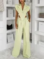 Fashionable light green two-piece set with sleeveless waist-hollowed blazer and trousers - S / Top And Bottom / Light Yellow