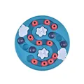 Jouet puzzle bleu pour chien avec couvercles coulissants colorés pour friandises - Style disque labyrinthe / Emballage en boîte / Bleu