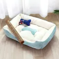 Soft light blue plush dog bed with bone pattern for small and medium size pets - Mat + Cloth Bone + Chew Rope Set / 30*40 [Suitable for within 2.5kg] / Light Blue