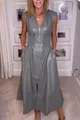 French style sleeveless faux leather maxi dress with front zipper and smocked waist - 2XL / Gray