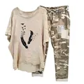Casual women's two-piece set featuring bird print T-shirt and stylish camouflage cargo pants - 3XL / Top And Bottom (Element 10) / Apricot