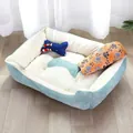 Soft plush rectangular dog bed in light blue with bone pattern and pillow for all seasons - Blanket and Bone Pillow Set / 30*40 [Suitable for within 2.5kg] / Light Blue