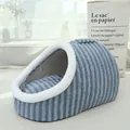 Striped warm pet cave bed with soft plush trim for cats and dogs. - Small (45x30x25cm) / Striped Style / Blue