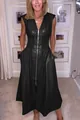 Retro sleeveless black faux leather maxi dress with front zipper and smocked waist - S / Black