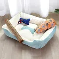 Comfortable plush dog bed for all seasons includes cooling mat and cute bone-shaped pillow - 4-Piece Set (Including Blanket + Mat + Bone Pillow) / 30x40 / Light Blue