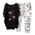 Women's 2-piece casual set with floral print T-shirt and camouflage trousers. - 3XL / Top And Bottom / Rainbow Dandelion Butterfly-Black
