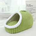 Cozy green striped corduroy semi-enclosed pet cave bed with soft white plush trim - Small (45x30x25cm) / Striped Style / Green