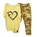 Women's casual two-piece outfit featuring yellow heart print tee and camouflage pants - 3XL / Top And Bottom / Heart Butterfly-Yellow