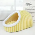 Yellow and white striped plush pet cave bed with soft fleece lining for cats and dogs - Small (45x30x25cm) / Striped Style / Yellow