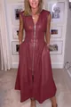 Burgundy faux leather sleeveless midi dress featuring a full front zipper and smocked waist - S / Burgundy