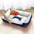All-season plush dog bed with cooling mat and bone-shaped pillows in blue and grey. - Mat and Bone Pillow Set / 30x40 / Dark Blue