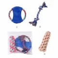 Durable 3-piece multi-colored cotton rope dog chew toy set featuring tug ring and knots - Mixed Shape Interactive Trio / Three-Piece Set