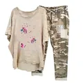 Women's casual 2-piece set with butterfly print T-shirt and camouflage pants - 3XL / Top And Bottom / Rainbow Dandelion Butterfly-Apricot