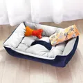 Comfortable plush rectangular pet bed in navy blue and grey with dog toy accessories - Blanket and Bone Pillow Set / 30x40 / Dark Blue