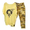 Women's trendy casual two-piece set with yellow sunflower tee and camo print pants - 3XL / Top And Bottom / Sunflower Butterfly-Yellow