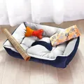 Plush dog bed with navy blue exterior and grey soft interior cushioning - Pet Bed + Blanket + Cooling Mat + Bone Toy Set / 30x40 / Dark Blue