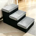 Three-step foldable pet stairs with grey velvet storage lids for small dogs and cats - 3-Step Storage Style / Black and Gray