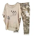 Two-piece casual set with bird print t-shirt and camouflage trousers - 3XL / Top And Bottom / Dandelion Birds-Apricot