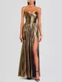Elegant metallic gold strapless pleated evening gown featuring a high slit for luxury parties - S / Dresses / Gold