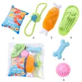 6-Piece pet dog chew toy set featuring plush potato chips, rope knots, and textured rubber balls - Slipper Spike Ball Drumstick Toy Set