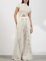 Elegant white floral lace set featuring a crop top and high-waist split trousers. - S / Top And Bottom / White