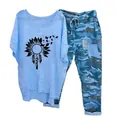 Women's 2-piece casual set with blue sunflower tee and camo joggers - 3XL / Top And Bottom / Sunflower Butterfly-Blue