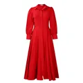 Elegante vestido camisero rojo de manga larga con falda larga plisada y cintura alta - S / Vestidos / Rojo