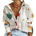 Western style white long sleeve shirt with colorful heart and star prints for women - S / Tops / White