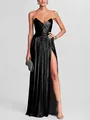 Elegant black strapless pleated maxi dress with high slit and metallic shine for party wear - S / Dresses / Black