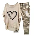 Fashionable women's two-piece casual set featuring heart print top and camo pants - 3XL / Top And Bottom / Heart Butterfly-Apricot