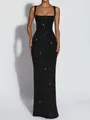 Macro detail of a sparkling black sequined sleeveless evening gown with shimmer - S / Dresses / Black