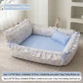 Cozy princess style ruffled floral pet bed in blue stripes, detachable and washable - Size 1 57*47*20cm (Up to 7.5kg) / Blue Stripe Floral