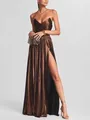 Elegant metallic bronze strapless evening gown with high slit and pleated bodice - S / Dresses / Dark Brown