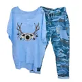 Women's casual two-piece set featuring a blue graphic t-shirt and camouflage pants - 3XL / Top And Bottom / Antlers Sunflower-Blue
