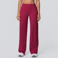 Close-up front view of women's high-waist wide-leg yoga pants in deep red brushed fabric - Rouge Red