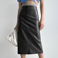Elegant high-waisted black PU leather midi pencil skirt with chic cross-seam detail - S / Bottoms / Black