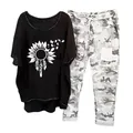 Women's 2-piece leisure set with black sunflower print top and camouflage pants - 3XL / Top And Bottom / Sunflower Butterfly-Black