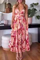 Elegant floral print V-neck pleated maxi dress shown in a stylish home lifestyle setting - S / Dresses / Brick Red