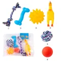 6-piece pet toy set with rope knots, rubber balls, and shrilling chicken. - Value Deal Set