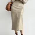 Elegant French style khaki PU leather bodycon midi skirt for women with a sleek design - S / Bottoms / Khaki