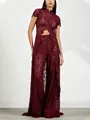 Elegant wine red floral lace jumpsuit with chic front slit and hollow waist design - XL / Top And Bottom / Red