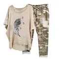 Casual two-piece set with feather print t-shirt and camouflage pants - 3XL / Top And Bottom / Feather Birds-Apricot