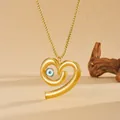 Detailed view of a gold irregular heart pendant with blue evil eye on a box chain - Gold Streamlined Heart Blue Evil Eye Style (F314-9)