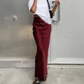 Elegant wine red high waist satin maxi skirt featuring a French style fishtail hem - S / Bottoms / Burgundy
