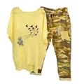 Women's casual two-piece set featuring yellow dandelion print t-shirt and camo pants - 3XL / Top And Bottom / Dandelion and Birds Print - Yellow