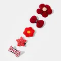 Set of red floral and bow knot hair clips for dogs, Yorkie and small pet accessories - 5 Pieces / Red Stripe Big Flower Set